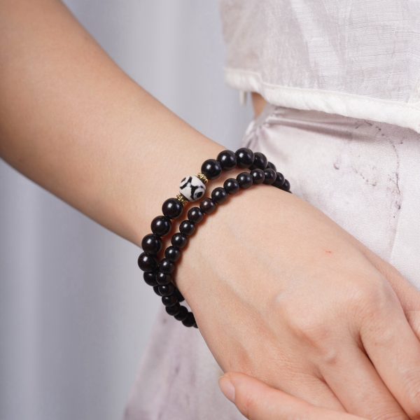 Buddha Stones Tibetan Dzi Bead Ebony Wood Double Loop Bracelet - Image 3