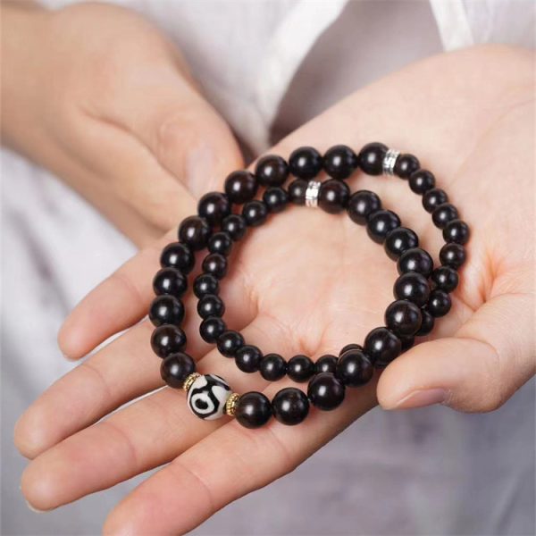 Buddha Stones Tibetan Dzi Bead Ebony Wood Double Loop Bracelet - Image 2