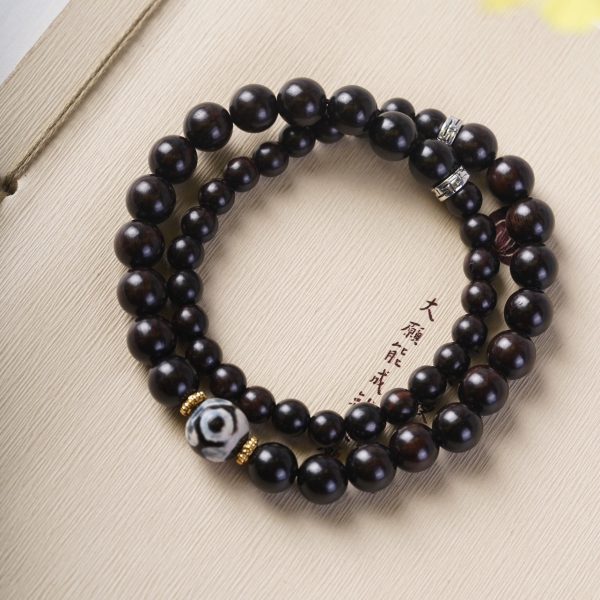 Buddha Stones Tibetan Dzi Bead Ebony Wood Double Loop Bracelet