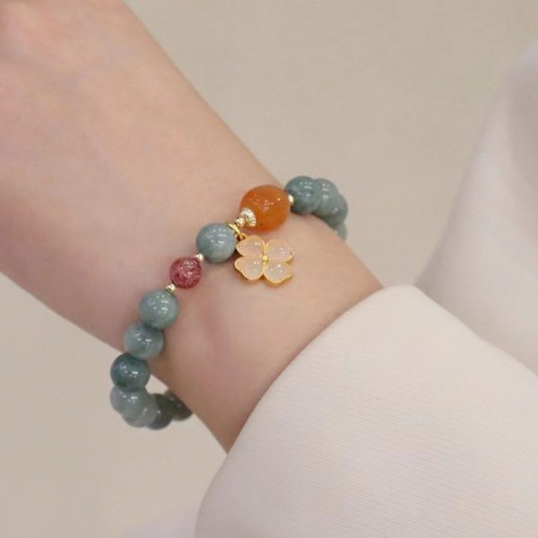 Buddha Stones Small Fresh Four-leaf Clover Natural Jade Bracelet - Image 6