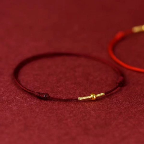 Buddha Stones Couples 925 Sterling Silver Simple Golden Luck-Bead Braided Rope Bracelet & Anklet