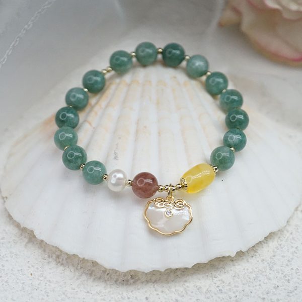 Buddha Stones Green Jade Sea Shell Ruyi Lock Strawberry Quartz Lccky Bracelet - Image 5