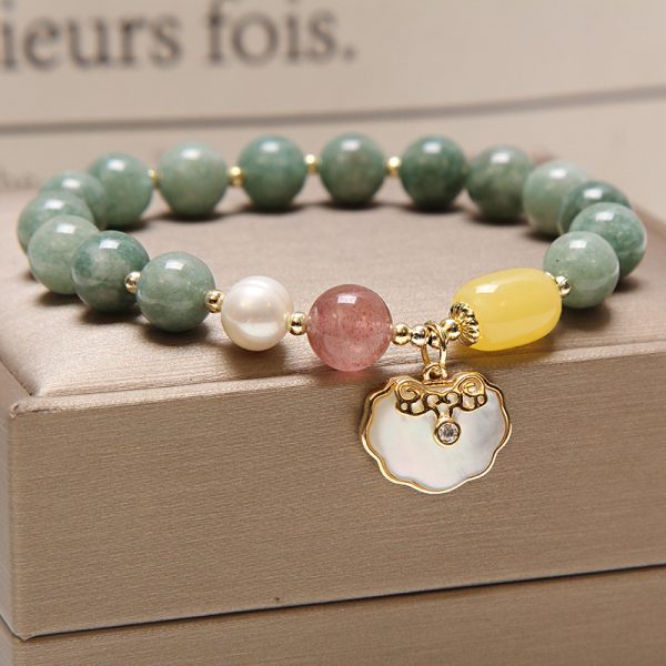 Buddha Stones Green Jade Sea Shell Ruyi Lock Strawberry Quartz Lccky Bracelet