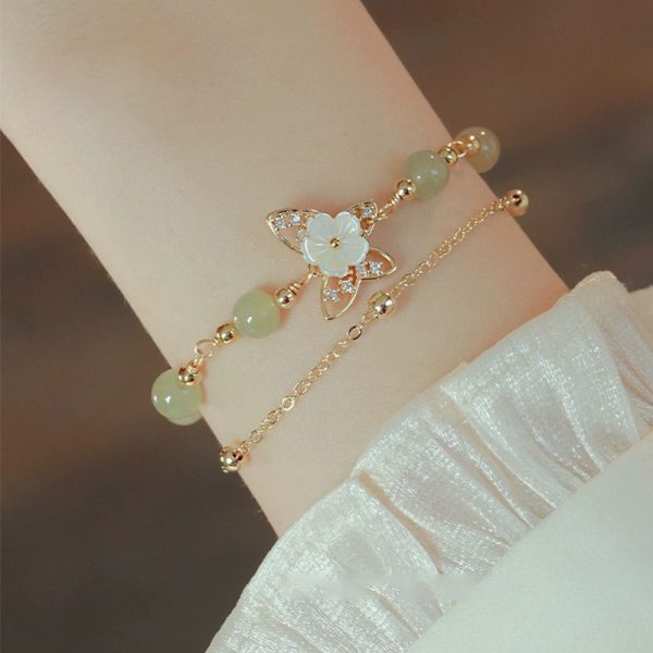 Buddha Stones 14K Gold Plated Hetian Jade Butterfly & Flower Double Layer Lucky Bracelet