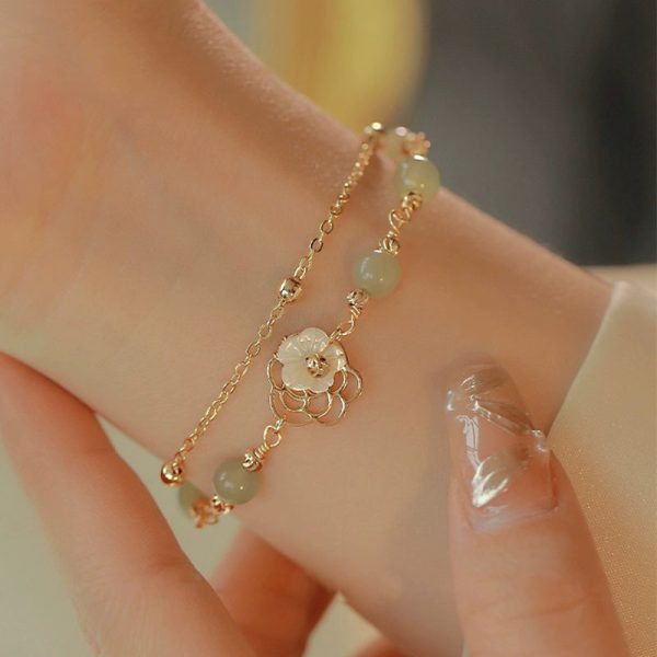 Buddha Stones 14K Gold Plated Hetian Jade Butterfly & Flower Double Layer Lucky Bracelet - Image 6