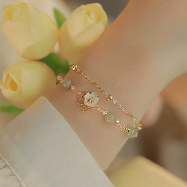 Buddha Stones 14K Gold Plated Hetian Jade Butterfly & Flower Double Layer Lucky Bracelet - Image 5