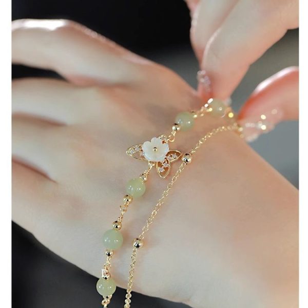 Buddha Stones 14K Gold Plated Hetian Jade Butterfly & Flower Double Layer Lucky Bracelet - Image 2