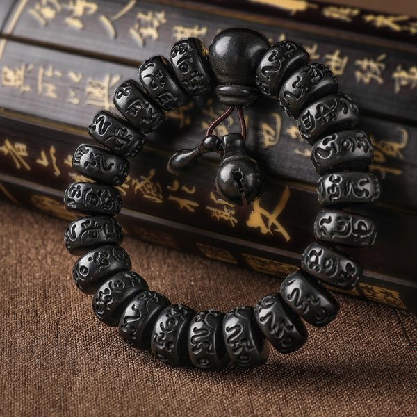 Buddha Stones Tibetan Om Mani Padme Hum Lightning Strike Wood Bucket Beads Protection Bracelet - Image 3