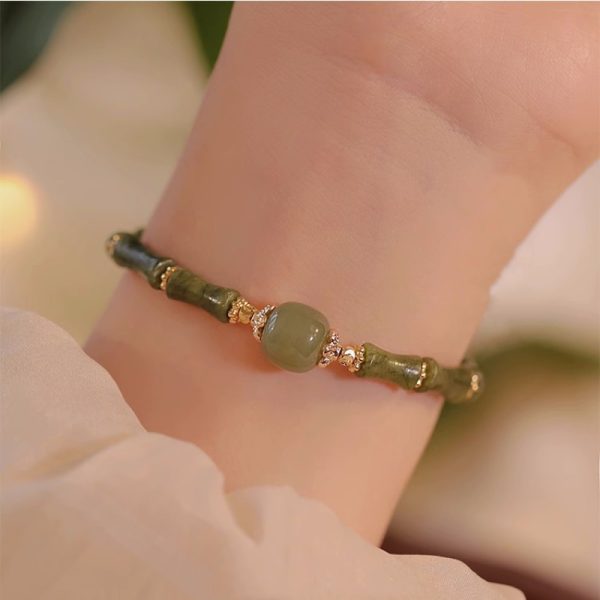 Buddha Stones National Style Peridot Hetian Jade Bamboo Pattern Lucky Bracelet - Image 7