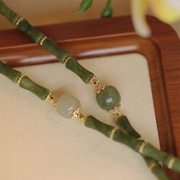 Buddha Stones National Style Peridot Hetian Jade Bamboo Pattern Lucky Bracelet - Image 4