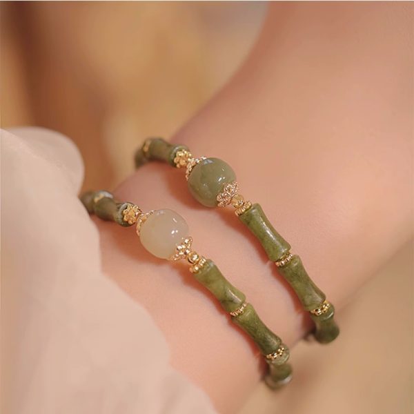 Buddha Stones National Style Peridot Hetian Jade Bamboo Pattern Lucky Bracelet