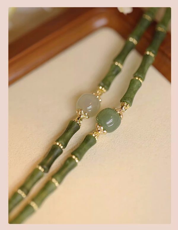 Buddha Stones National Style Peridot Hetian Jade Bamboo Pattern Lucky Bracelet - Image 3