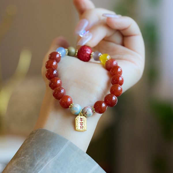 Buddha Stones Natural Red Agate Cinnabar Fu Character Dragon Tail Peace Bracelet - Image 3