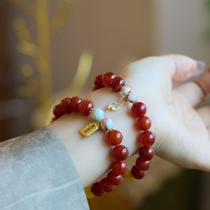 Buddha Stones Natural Red Agate Cinnabar Fu Character Dragon Tail Peace Bracelet