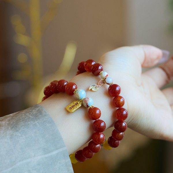 Buddha Stones Natural Red Agate Cinnabar Fu Character Dragon Tail Peace Bracelet