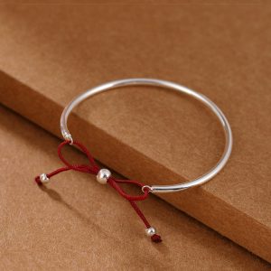 Buddha Stones Simple S925 Sterling Silver Red Rope Bowknot Bracelet