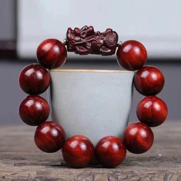 Buddha Stones High Density Small Leaf Red Sandalwood PiXiu Buddhist Bead Bracelet - Image 2