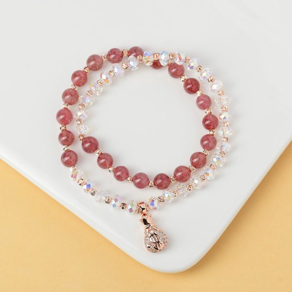 Buddha Stones Natural Strawberry Quartz and Crystal With Small Money Bag Exquisite Bracelet - Image 4