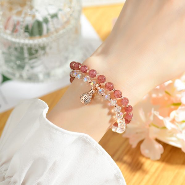 Buddha Stones Natural Strawberry Quartz and Crystal With Small Money Bag Exquisite Bracelet