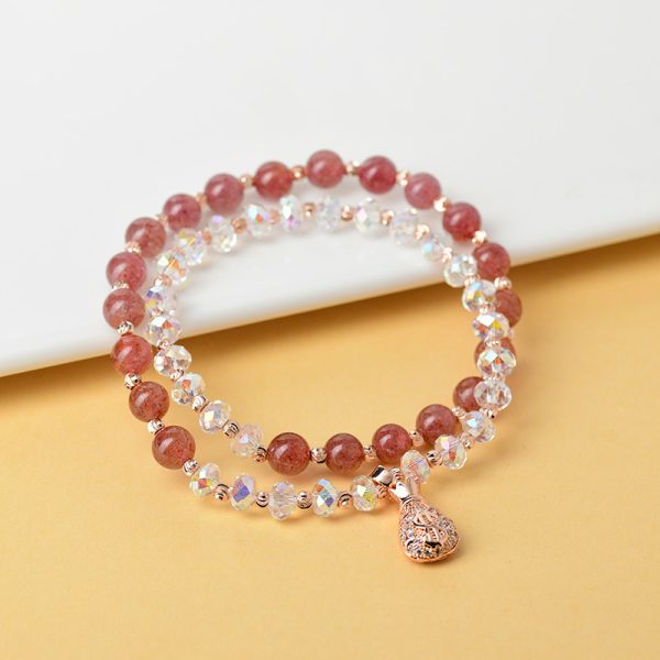 Buddha Stones Natural Strawberry Quartz and Crystal With Small Money Bag Exquisite Bracelet - Image 3