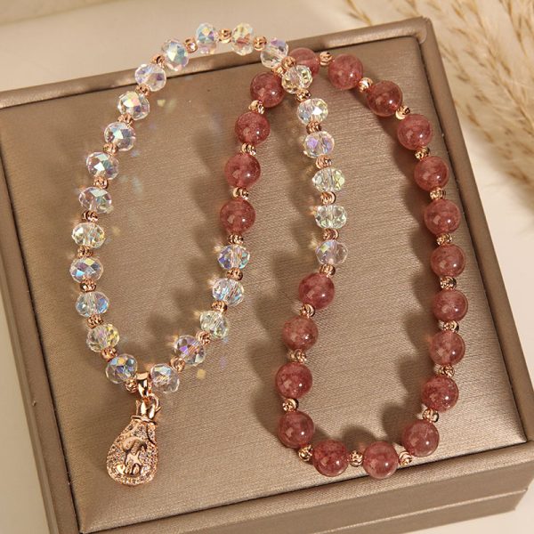 Buddha Stones Natural Strawberry Quartz and Crystal With Small Money Bag Exquisite Bracelet - Image 6