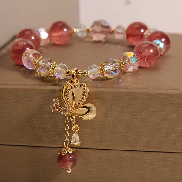 Buddha Stones Natural Strawberry Quartz Premium Crystal Butterfly Charm Bracelet - Image 3