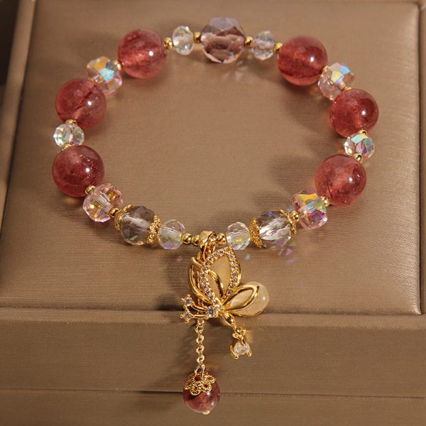 Buddha Stones Natural Strawberry Quartz Premium Crystal Butterfly Charm Bracelet - Image 2