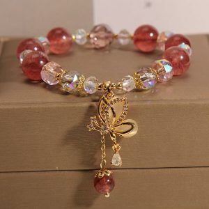 Buddha Stones Natural Strawberry Quartz Premium Crystal Butterfly Charm Bracelet