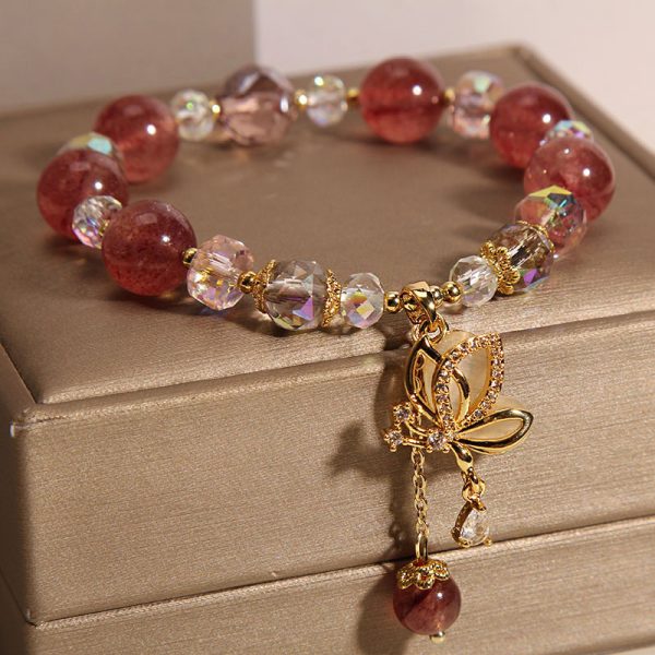 Buddha Stones Natural Strawberry Quartz Premium Crystal Butterfly Charm Bracelet - Image 4