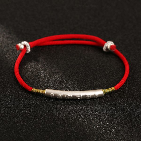 Buddha Stones Tibetan Buddhist Sanskrit Silver Handmade Red String Lucky Bracelet - Image 4