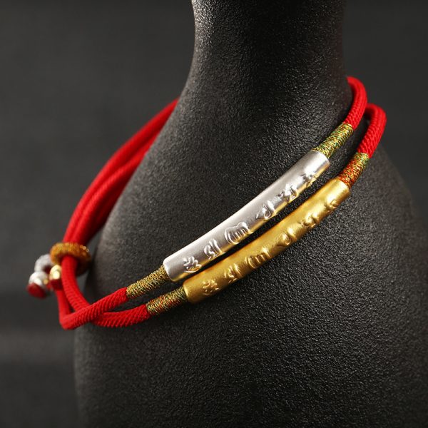 Buddha Stones Tibetan Buddhist Sanskrit Silver Handmade Red String Lucky Bracelet