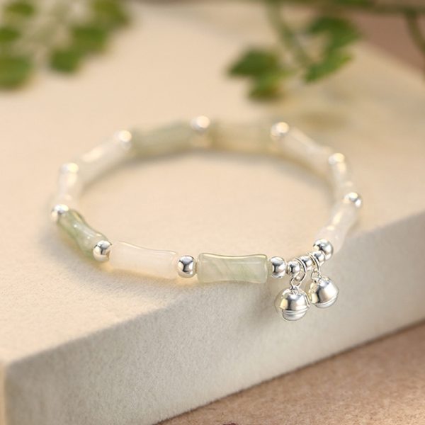 Buddha Stones Natural White Jade 925 Sterling Silver Bamboo Bells Lucky Bracelet