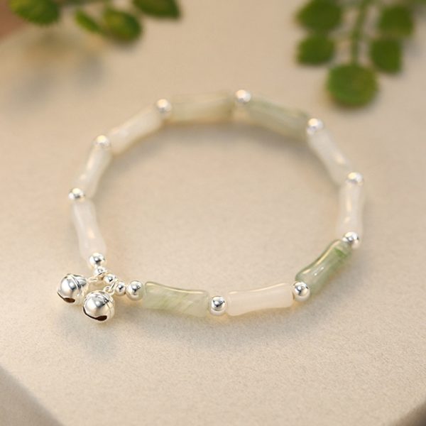 Buddha Stones Natural White Jade 925 Sterling Silver Bamboo Bells Lucky Bracelet - Image 6