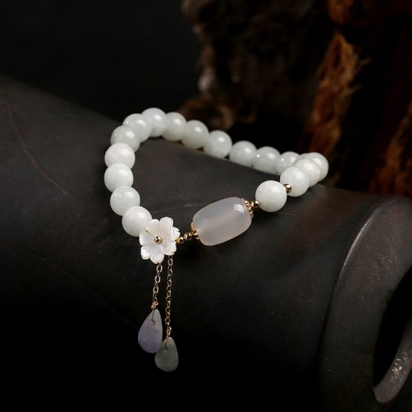 Buddha Stones Natural White Jade Sea Shell Flower Lucky Bracelet - Image 2