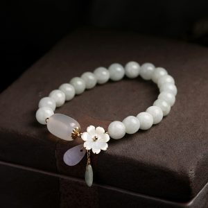 Buddha Stones Natural White Jade Sea Shell Flower Lucky Bracelet