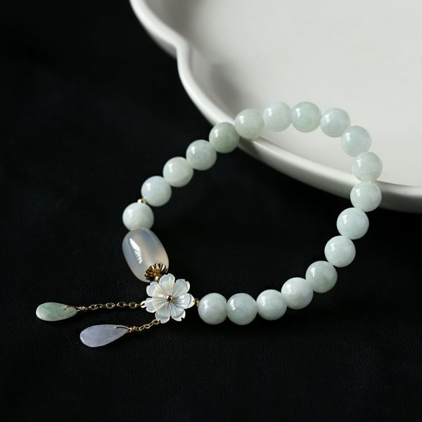 Buddha Stones Natural White Jade Sea Shell Flower Lucky Bracelet - Image 4