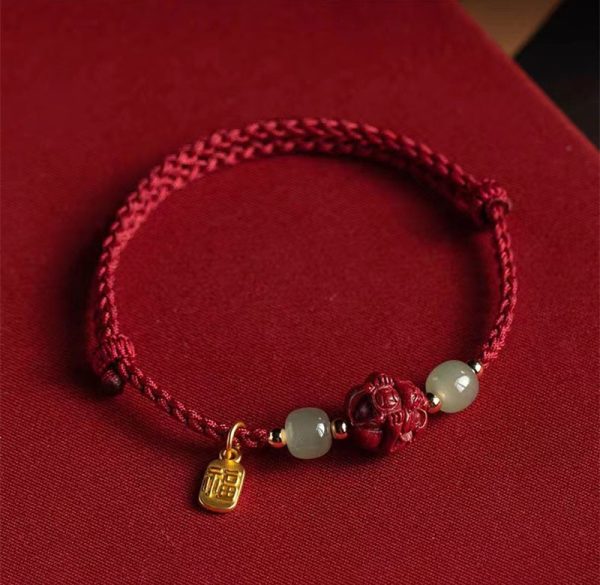 Buddha Stones Cinnabar Chinese Zodiac Hetian Jade Fu Brand Red Rope Bracelet - Image 2